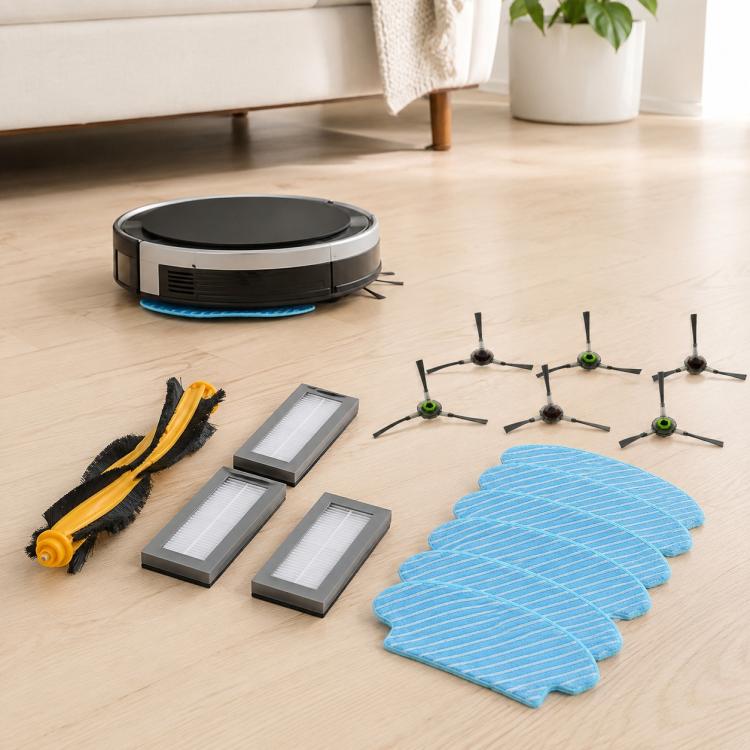 Robot vacuum parts set with blue mop pads, filters, side brushes, and main brush