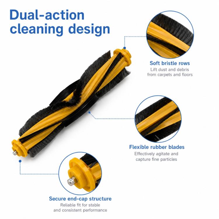 Dual-action main brush with soft bristle rows and flexible rubber blades