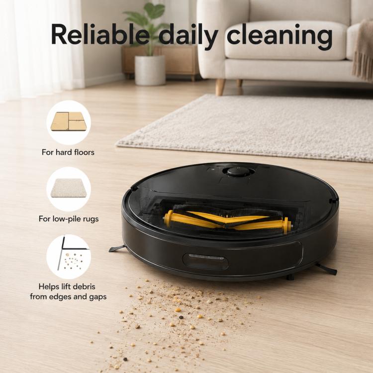 Replacement main brush installed in robot vacuum base, black and yellow rollers