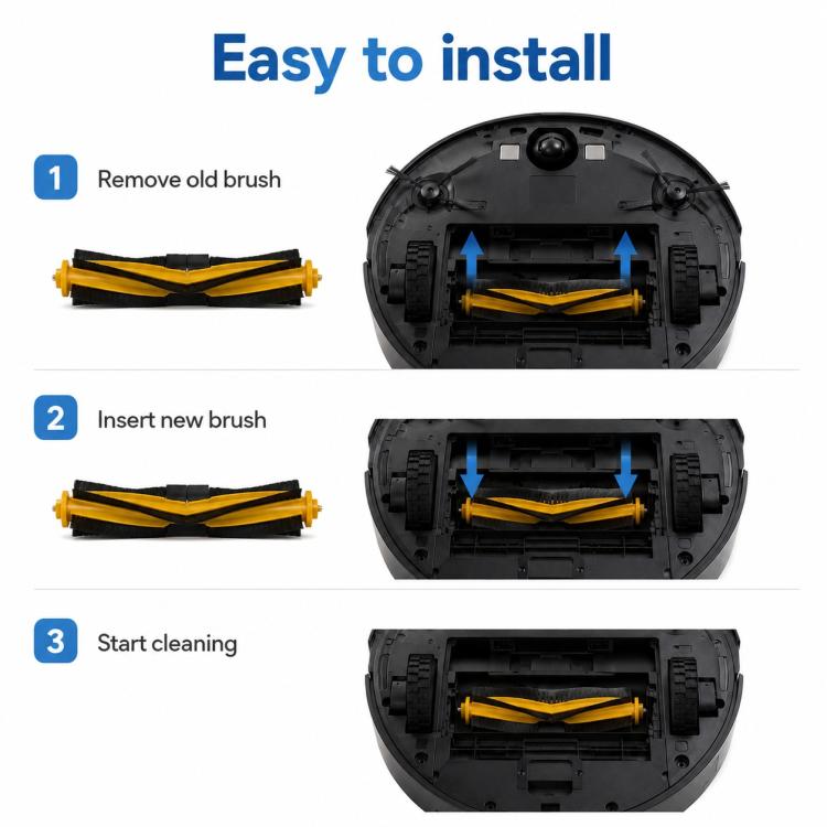 Main brush installation steps for robot vacuum, showing removal and insertion