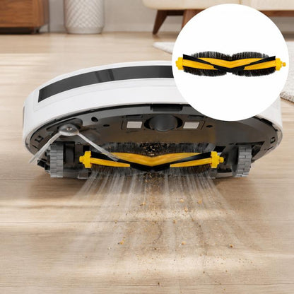 Replacement V-shaped main brush with yellow frame and black bristles for robot vacuum
