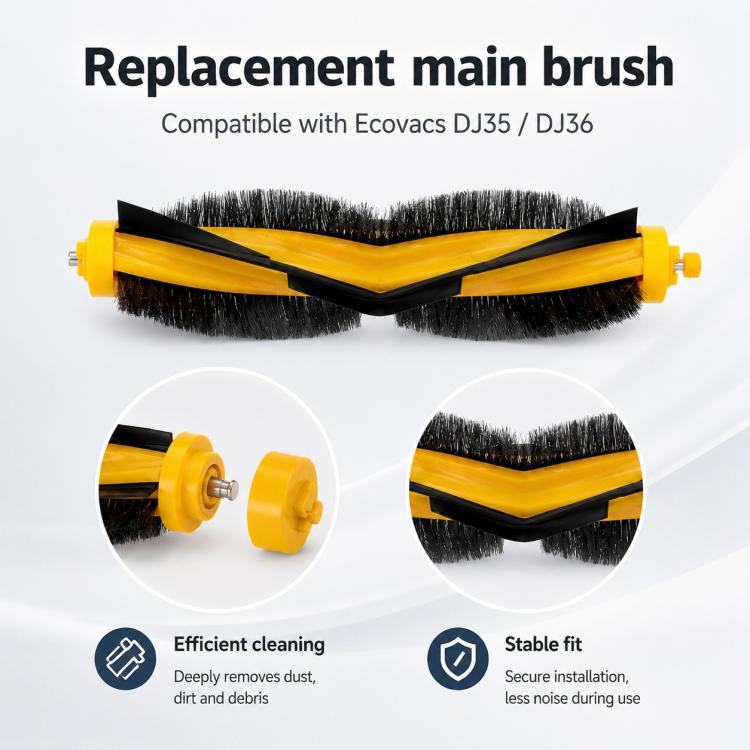 Replacement main brush with yellow end caps and black bristle roller for robot vacuum