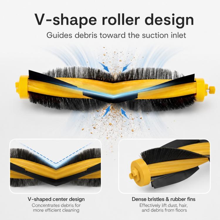 V-shaped roller main brush with yellow housing and black bristles for vacuum cleaning