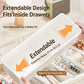 Expandable white drawer organizer insert with sidewalls and compartments for small containers