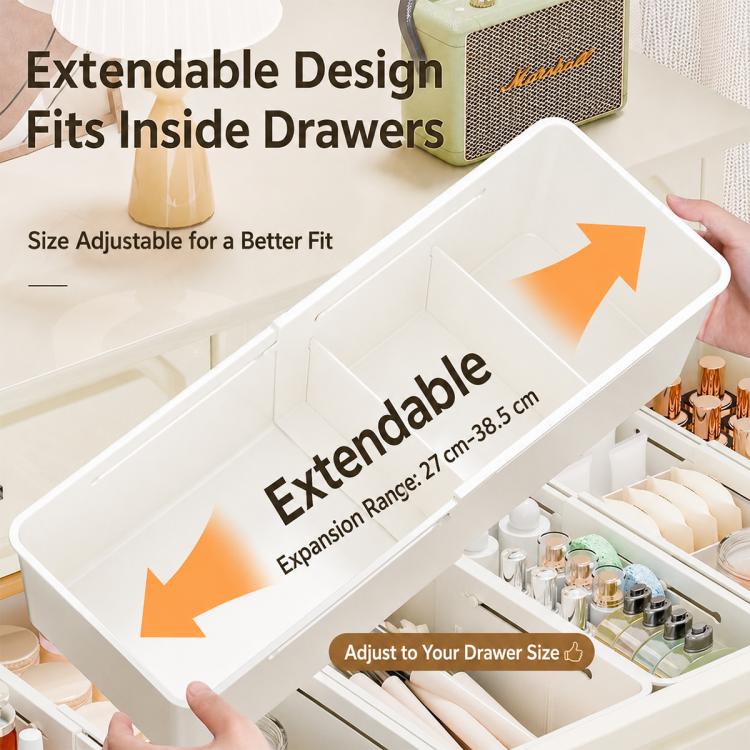 Expandable white drawer organizer insert with sidewalls and compartments for small containers