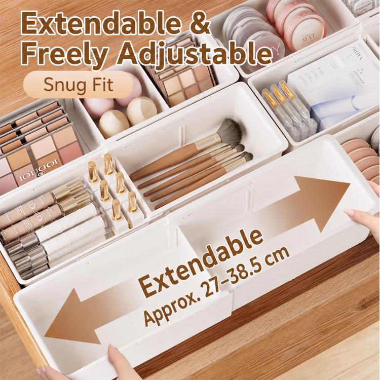 White expandable drawer organizer tray with snug divider layout for cosmetics and tools