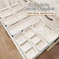 White expandable drawer organizer with multiple lift-out compartments for easy sorting