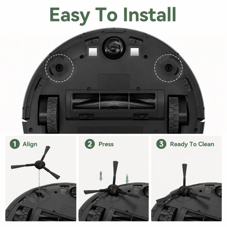 Robot vacuum side brush with three-prong base and vertical black bristles