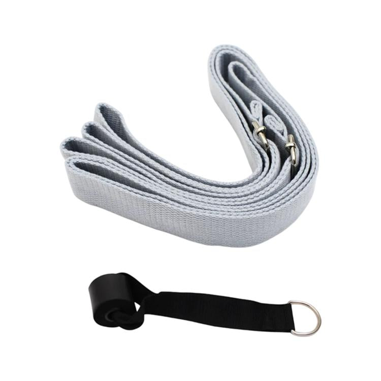Light gray adjustable stretching belt strap with metal buckle and door anchor