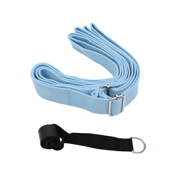 Light blue adjustable yoga stretching rope belt with buckles and black strap handle