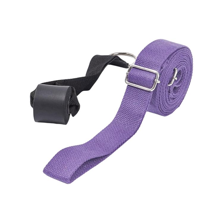 Purple adjustable yoga stretching belt with metal buckle, black strap, and ring