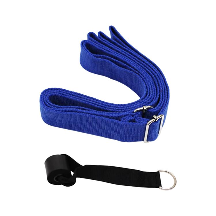 Blue adjustable yoga stretching rope belt with two gold buckles and black strap