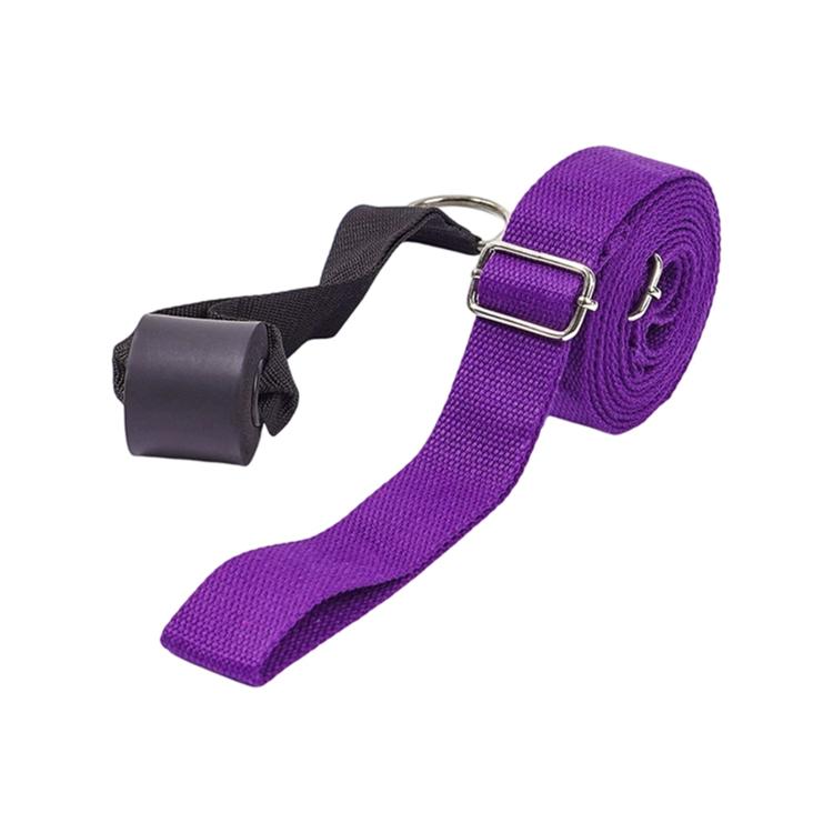 Purple adjustable yoga stretching belt with buckle, black strap pad, and ring