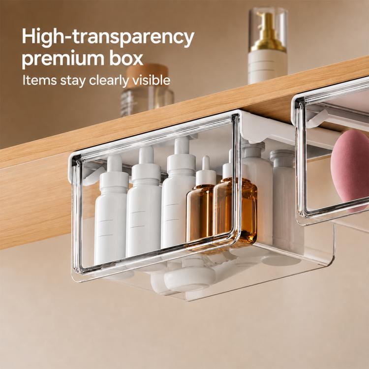 Clear wall-mounted pull-out storage box under shelf with bottles and pump items inside