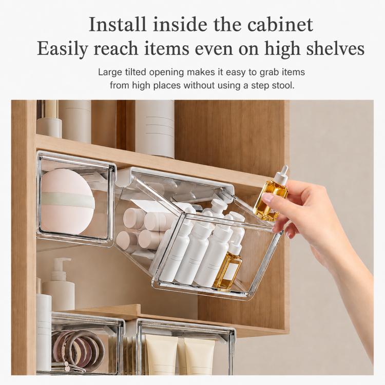 Clear pull-out drawer organizer with metal frame for shelves, with bottles and jars inside