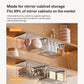 Transparent pull-out storage box with metal frame on wooden cabinet shelf