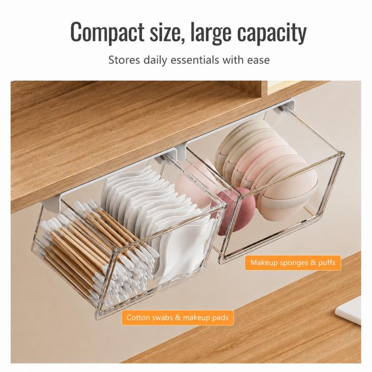 Clear pull-out drawer storage box with metal frame, holding cotton swabs and pads