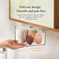 Transparent pull-out drawer with metal frame, showing smooth sliding motion