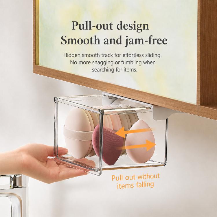 Transparent pull-out drawer with metal frame, showing smooth sliding motion