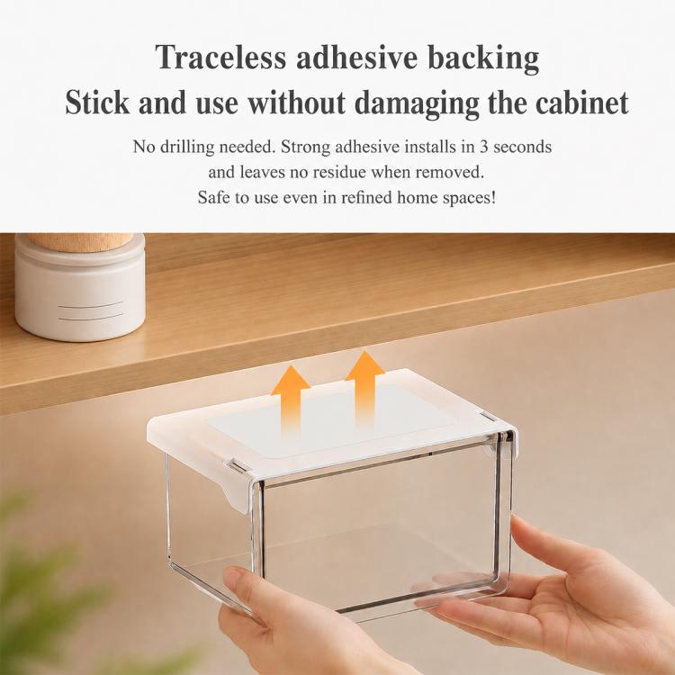 Transparent adhesive storage box with metal corners, held for mounting on cabinet