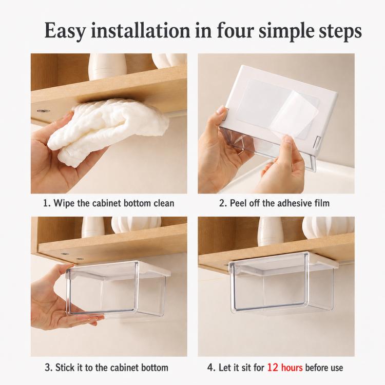 Transparent pull-out drawer storage box with metal frame during adhesive installation