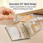 Clear pull-out storage drawer with tilted compartments and pull-out front, held by hand
