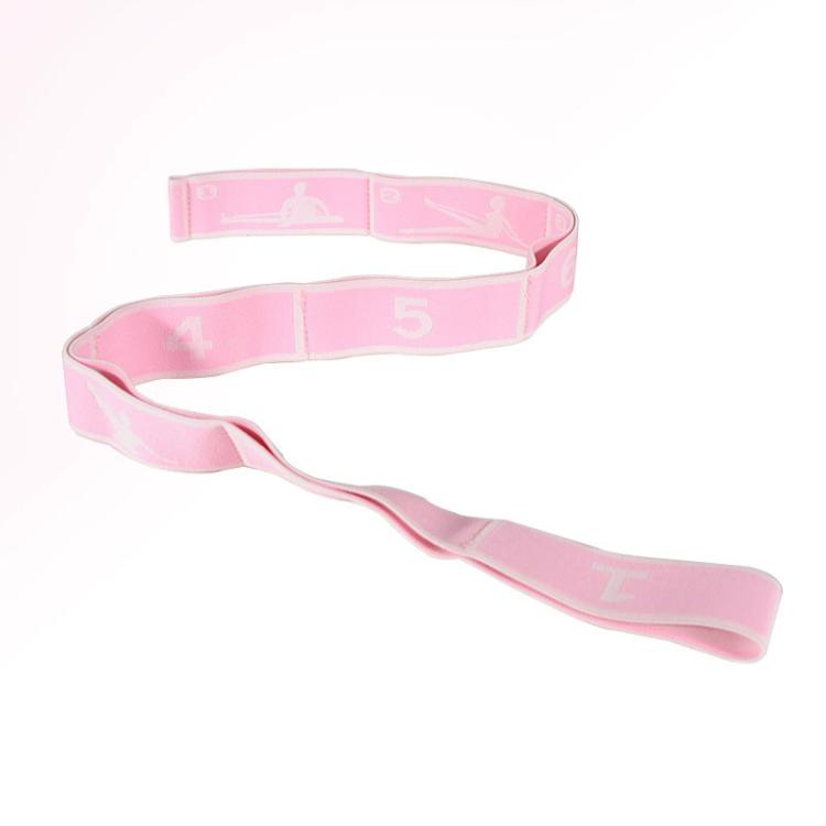 Pink yoga resistance band with numbered segments and printed fitness poses for training