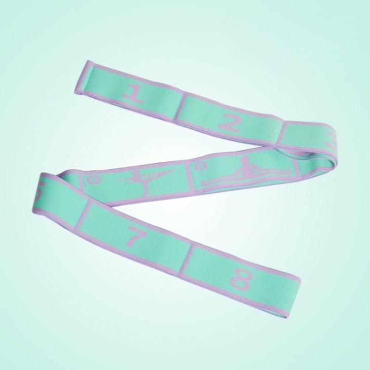 Light green yoga resistance band with numbered segments and printed stretch poses
