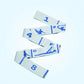 White yoga resistance band with numbered segments and blue printed yoga posture icons