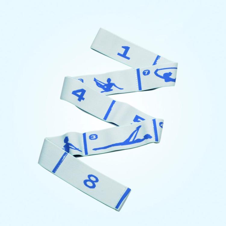 White yoga resistance band with numbered segments and blue printed yoga posture icons