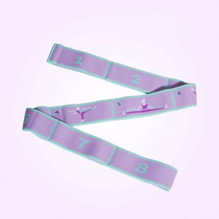 Purple yoga resistance band with numbered segments and printed stretching pose graphics