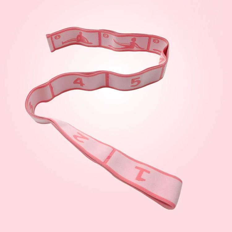 Light pink yoga resistance band with numbered segments and red printed yoga silhouettes
