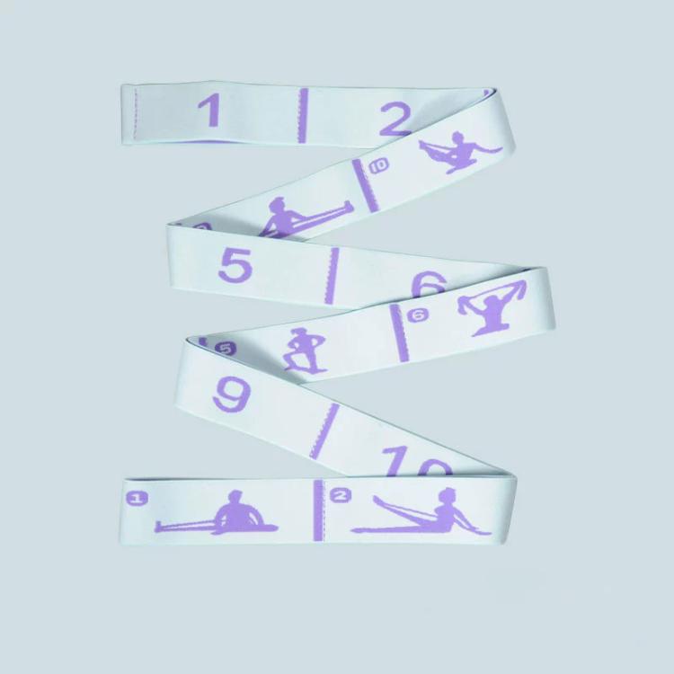 White yoga resistance band with numbered segments and purple printed exercise pose icons