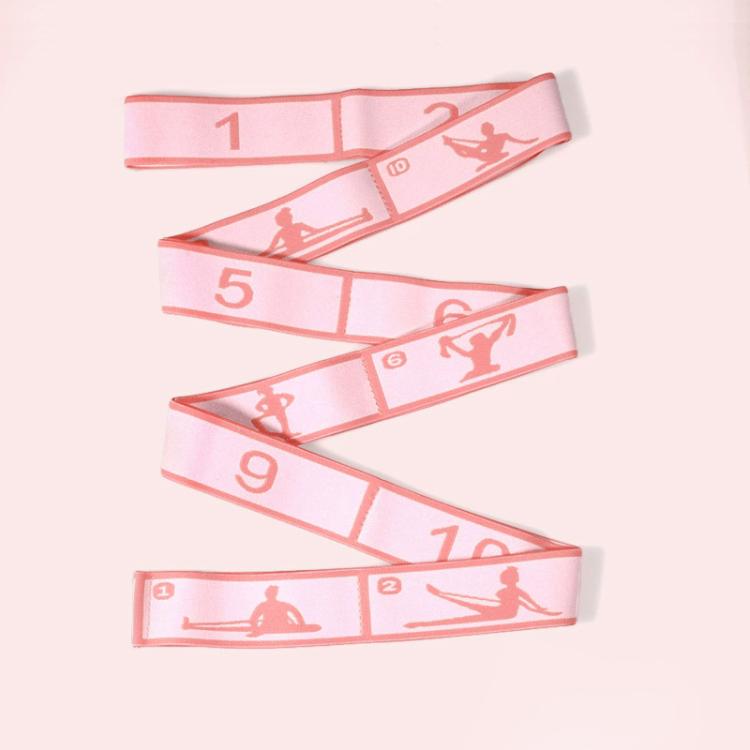 Coral pink yoga resistance band with numbered segments and orange printed yoga poses