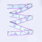 Light blue yoga resistance band with numbered segments and purple printed yoga pose graphics