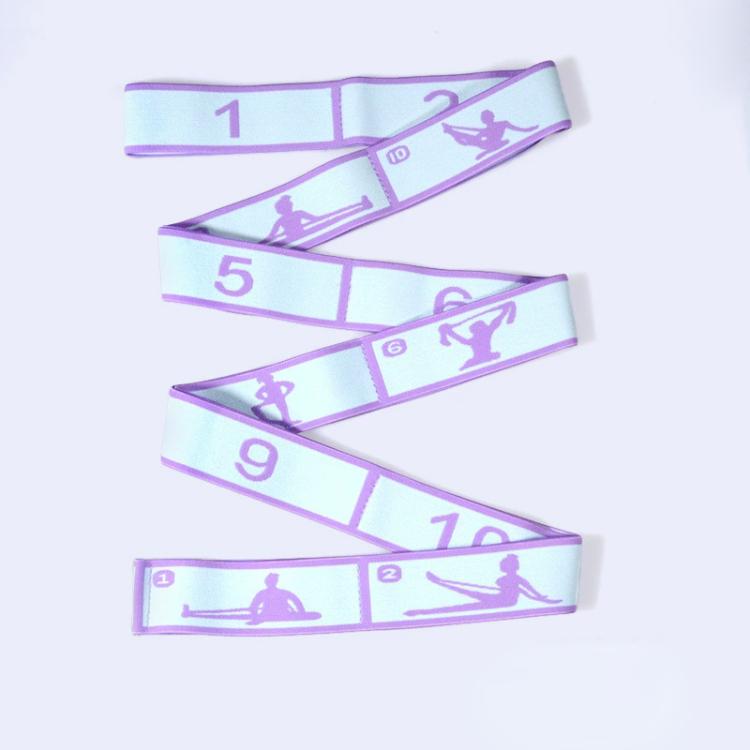 Light blue yoga resistance band with numbered segments and purple printed yoga pose graphics