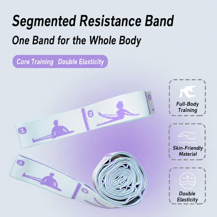 Segmented resistance band roll with purple yoga icons and numbered sections, light blue