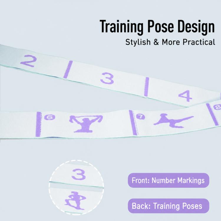 Yoga resistance band close-up showing numbered segments and training pose graphics