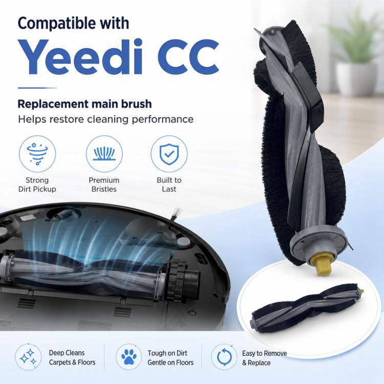 Robot vacuum main brush roller with black bristles and yellow locking cap