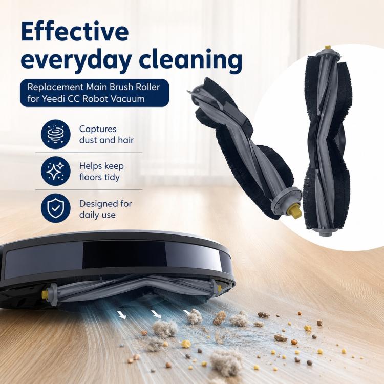 Robot vacuum replacement main brush roller with black bristles and yellow end cap
