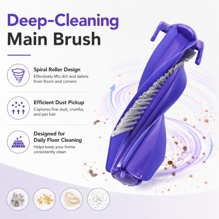 Purple main brush roller with gray bristle row