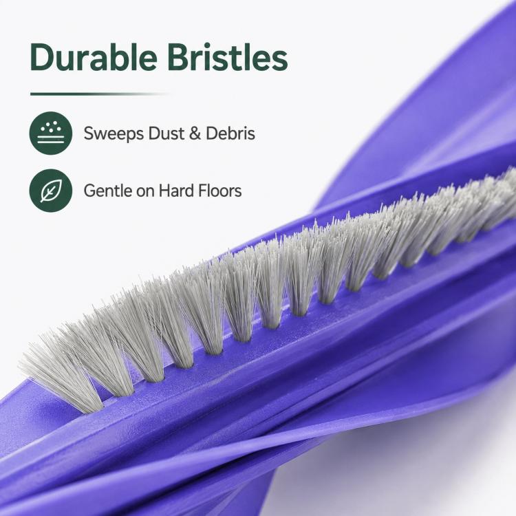 Close-up of purple main brush with dense gray bristles