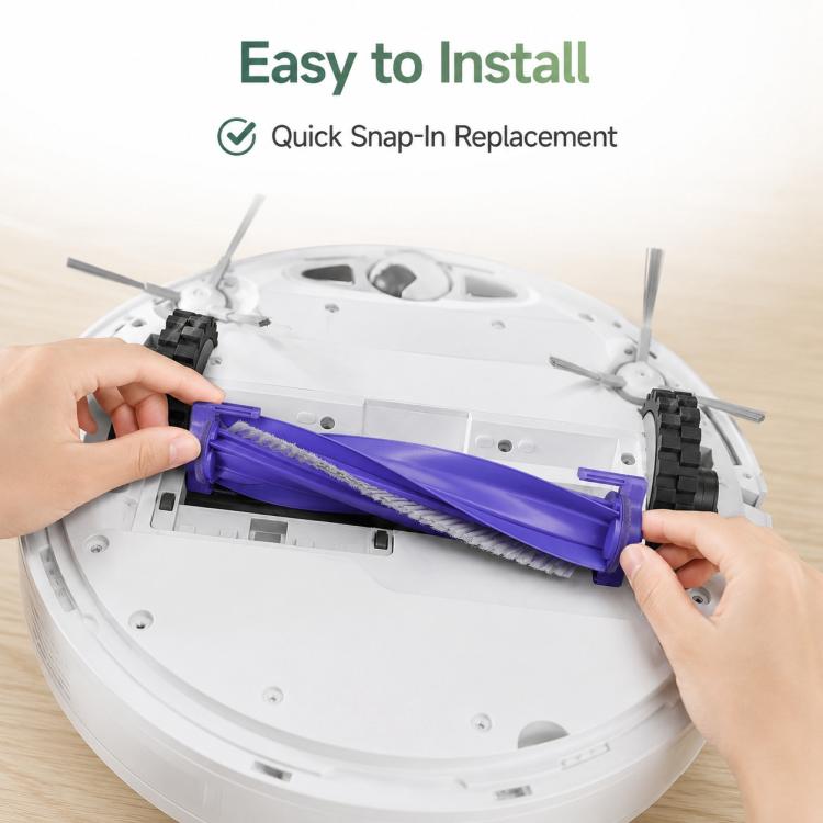 Hands installing purple main brush into robot vacuum base