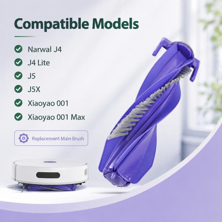 Purple main brush roller next to robot vacuum