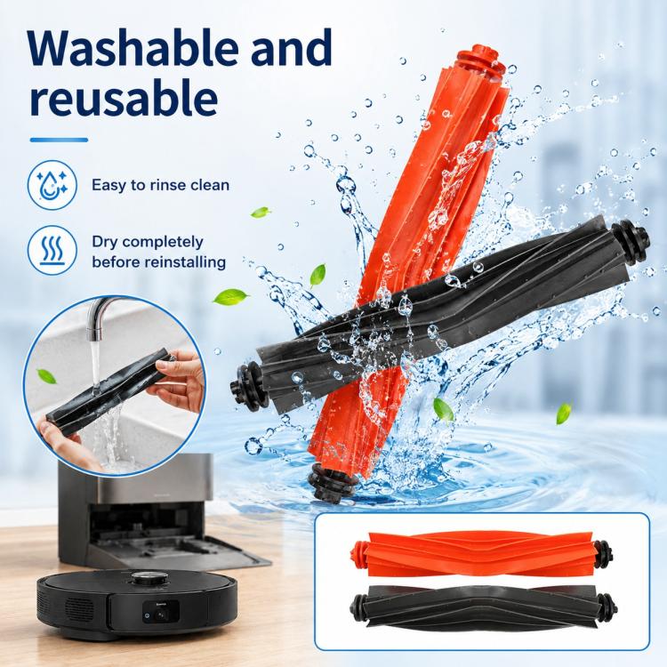 Washable dual main brush set with orange and black roller brushes