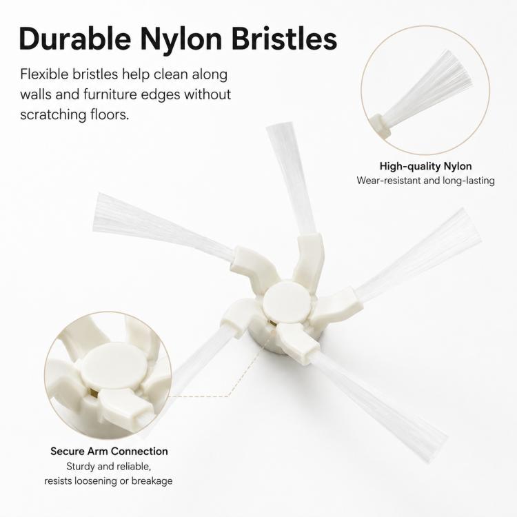 Triangular side brush with durable nylon bristles and secure arm connection