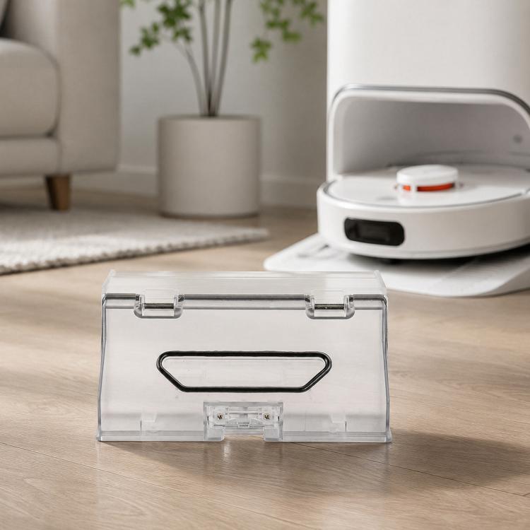 Clear dust box flap cover for robot vacuum, hinged transparent lid