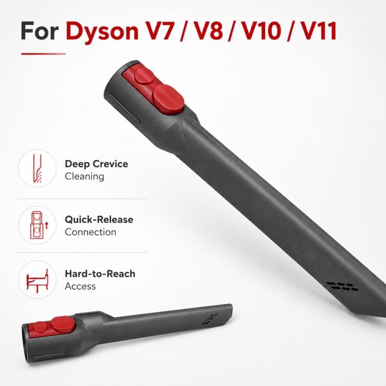 Long flat crevice tool with red top and black slim tip for handheld vacuum.