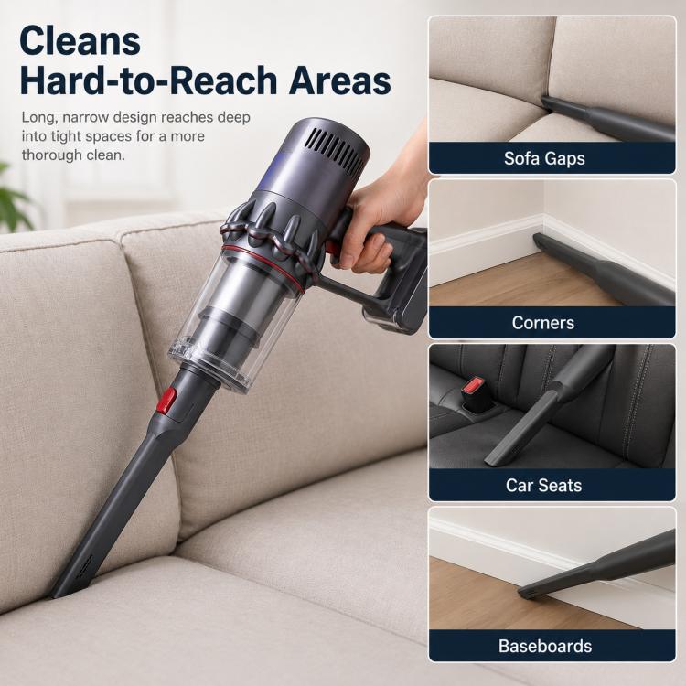 Long flat crevice tool cleaning sofa gap, dark gray head with red nozzle tip.