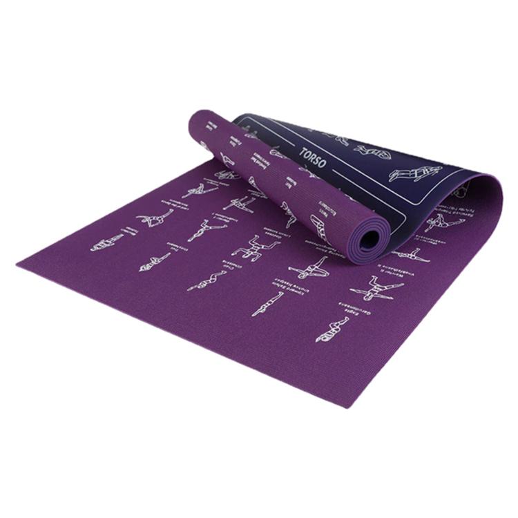 Purple PVC yoga mat with double-sided printed fitness poses, rolled for portability